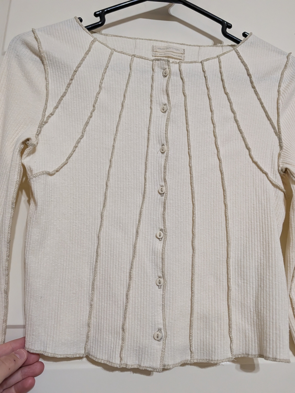 Urban Outfitters Cream Ribbed Button-Front Long Sleeve Top SP - Picture 4 of 7